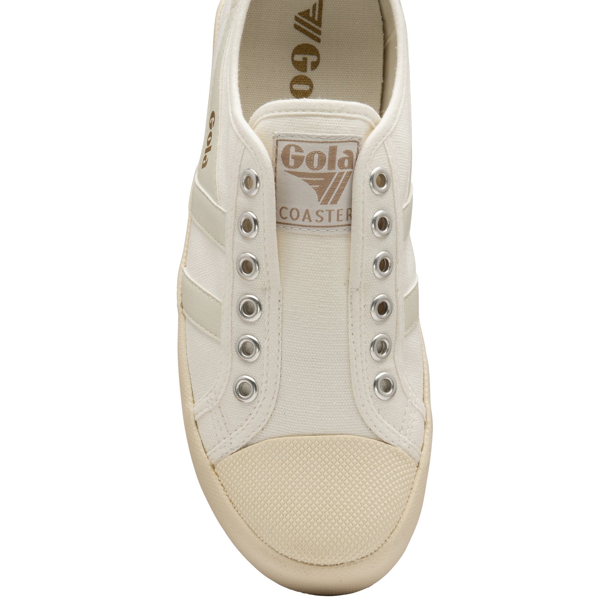 Top-down view of a white Gola Coaster shoe, detailing the eyelets and toe cap.