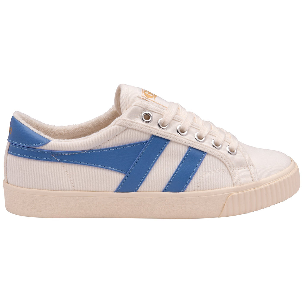 A right white sneaker with blue stripes and laces on a white background.