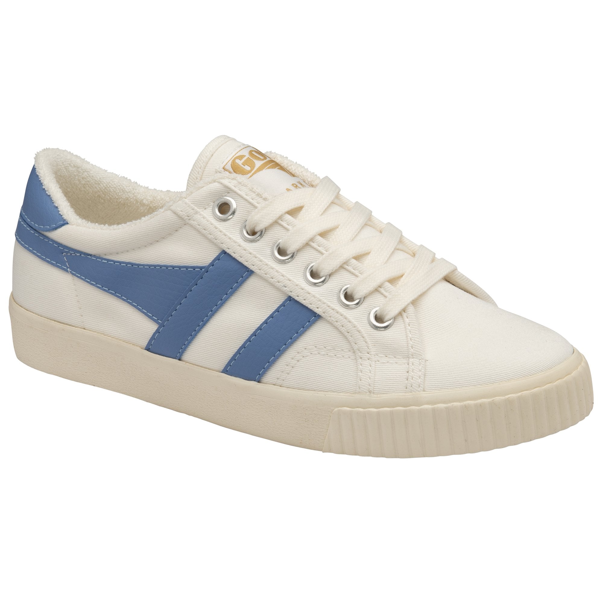 A left white sneaker with blue stripes and laces on a white background.
