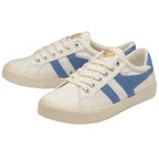 A pair of white sneakers with blue stripes and laces on a white background.