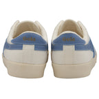 A rear view of a pair of white sneakers with blue accents on a white background.