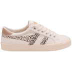 Side profile of a single Gola women's shoe in off-white with black leopard print detail.