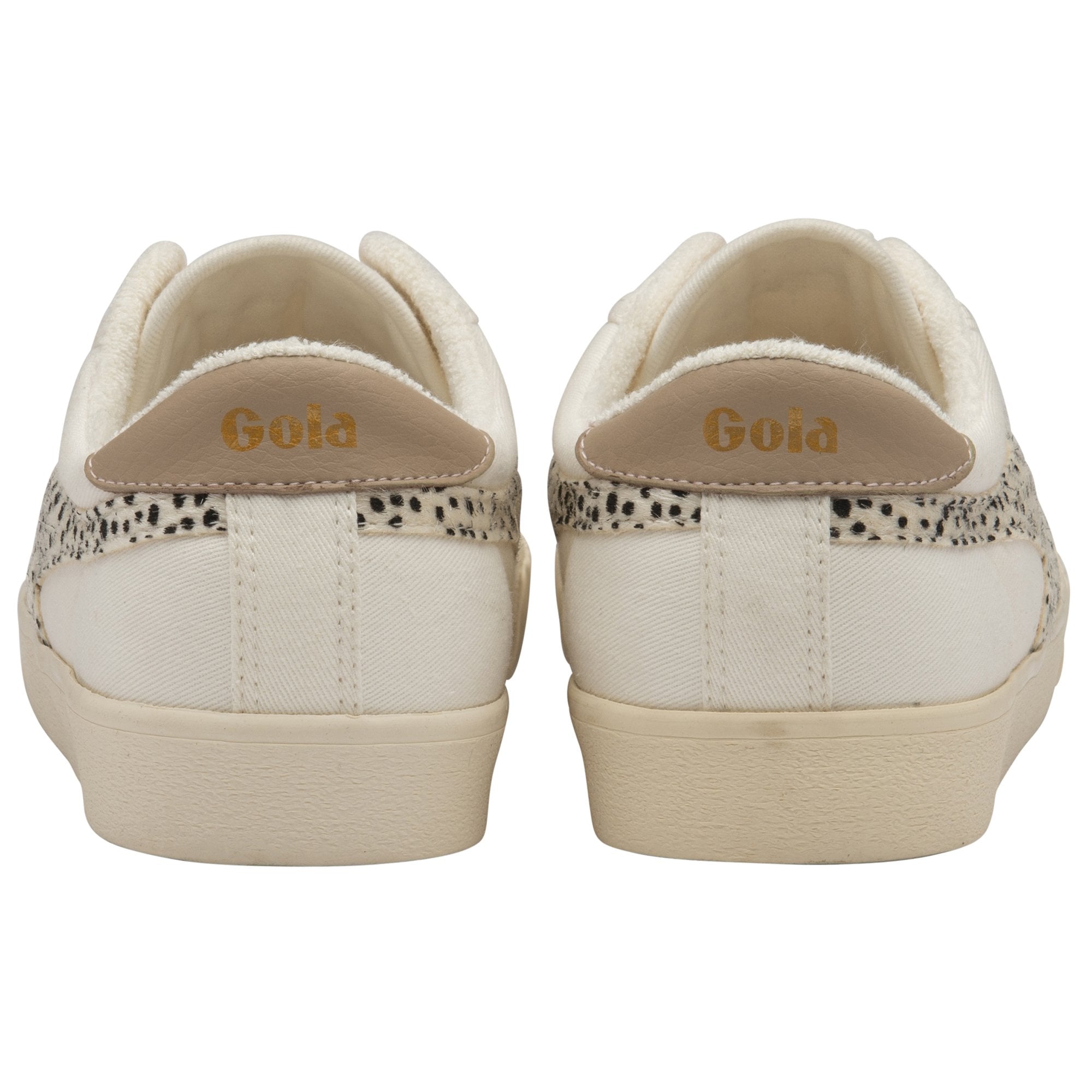 Back view of a pair of Gola women's shoes in off-white with leopard print detail.