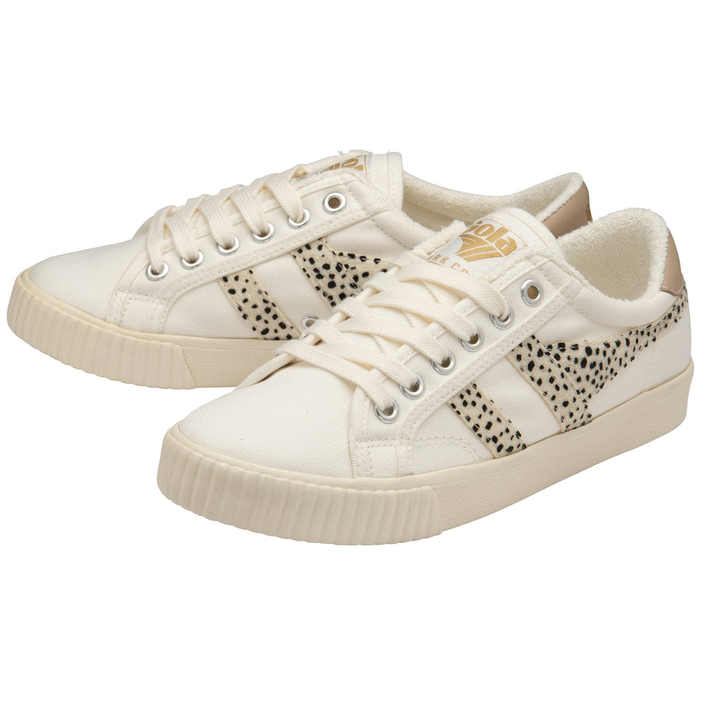 Pair of Gola women's shoes in off-white with black leopard print detail.