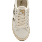 Top-down view of a single Gola women's shoe in off-white with leopard print detail.