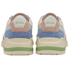 Rear view of two Gola women's sneakers in off-white, blue, peach, and green.