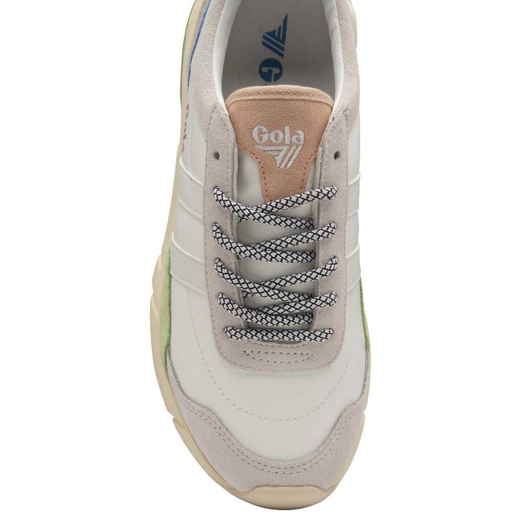 Top-down view of a Gola women's sneaker in off-white, blue, peach, and green.