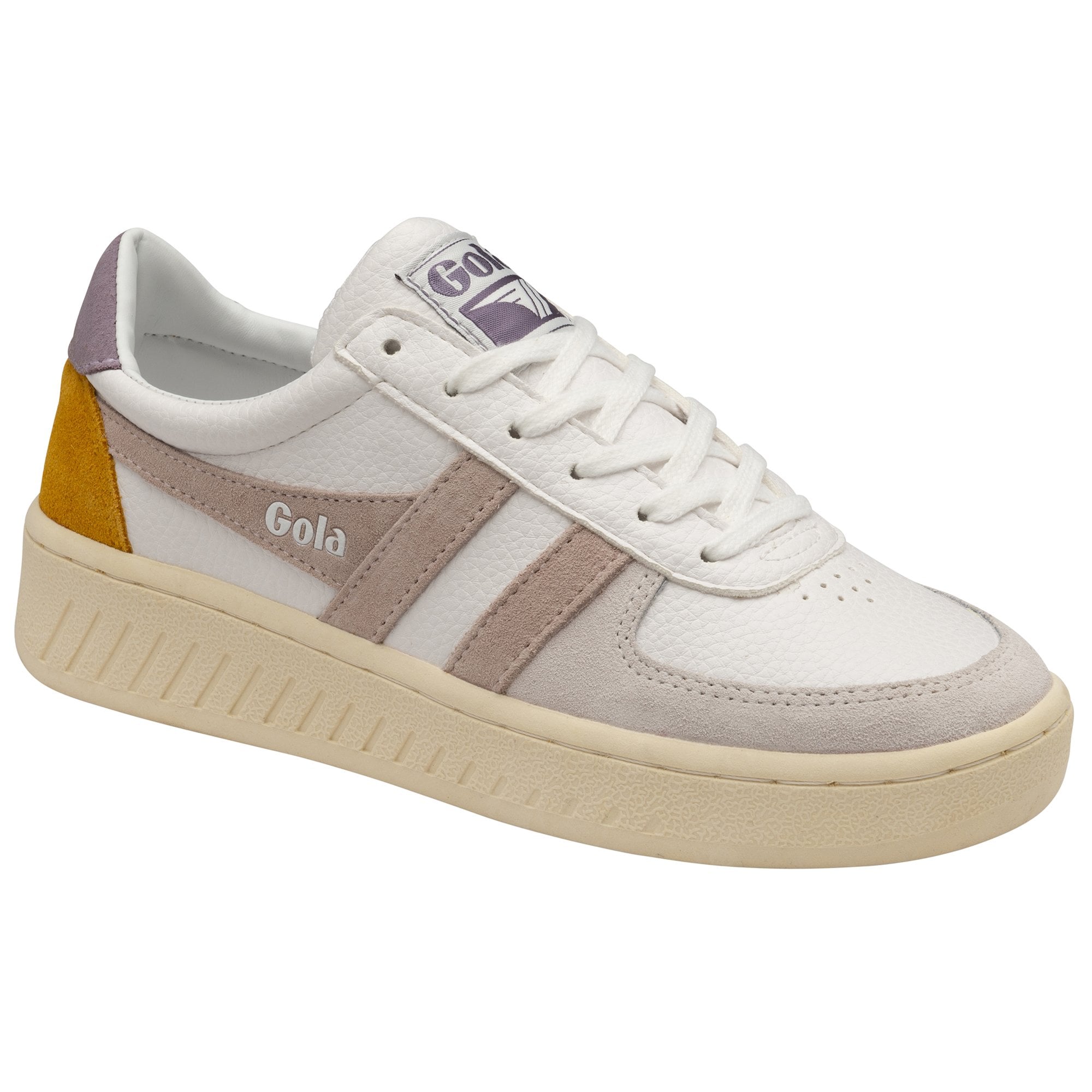 A white Gola women's sneaker with peach stripes and a yellow heel from the left side.