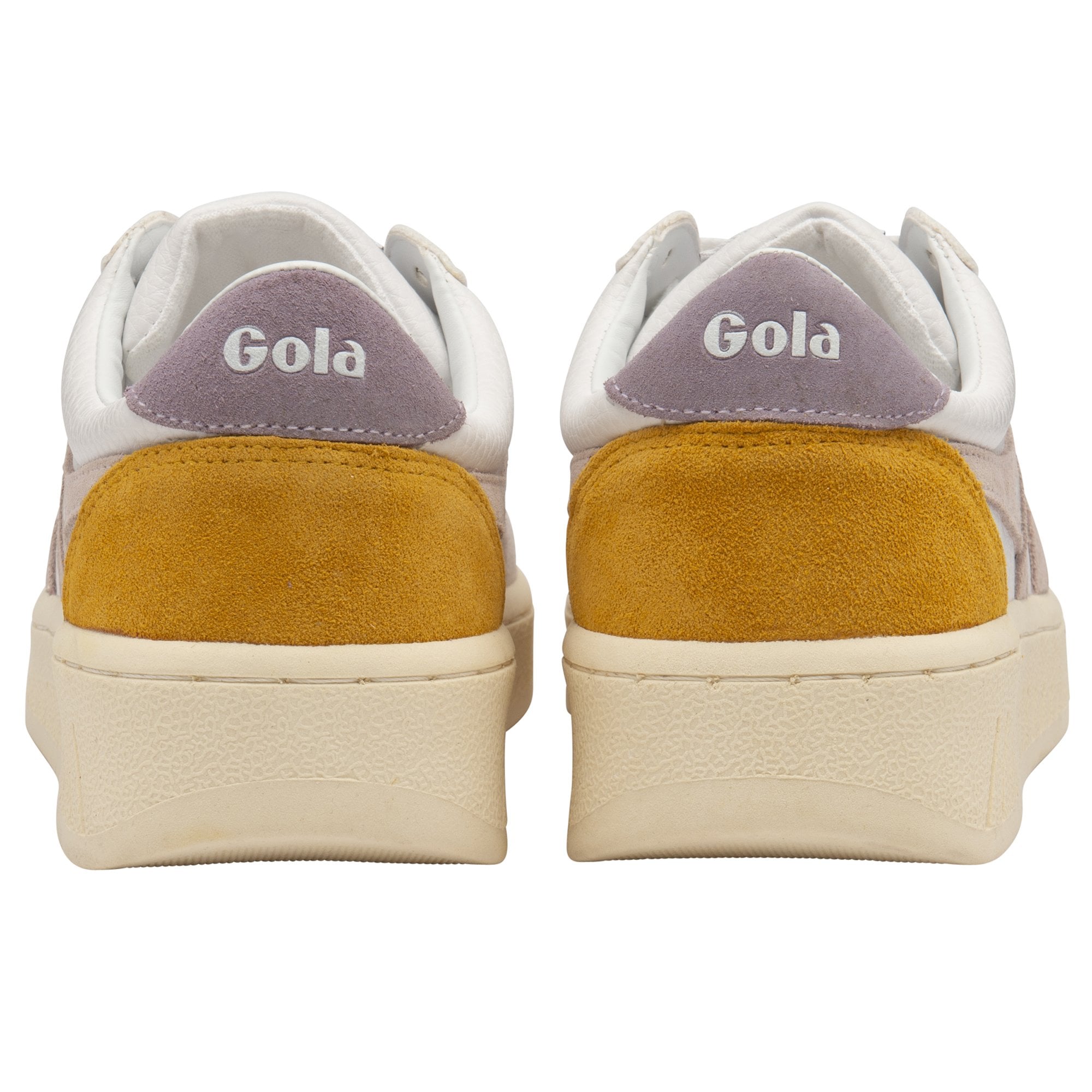 The back of a pair of Gola women's sneakers with yellow heels and purple trim.