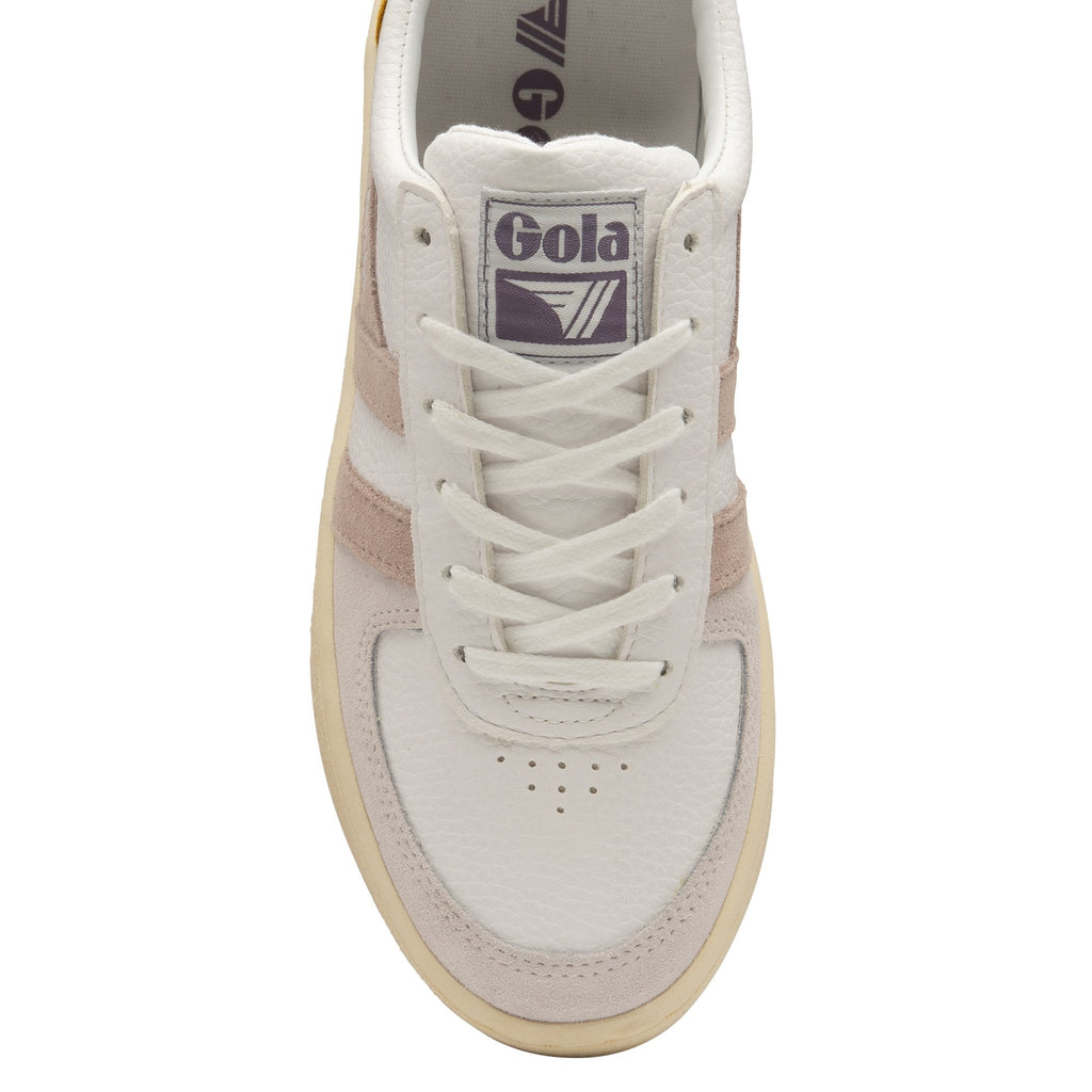 The top of a Gola women's sneaker with white laces and a purple tongue.