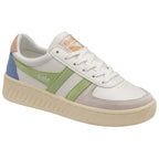 Angled side view of white Gola women's low-top sneakers with green, blue, and peach accents.