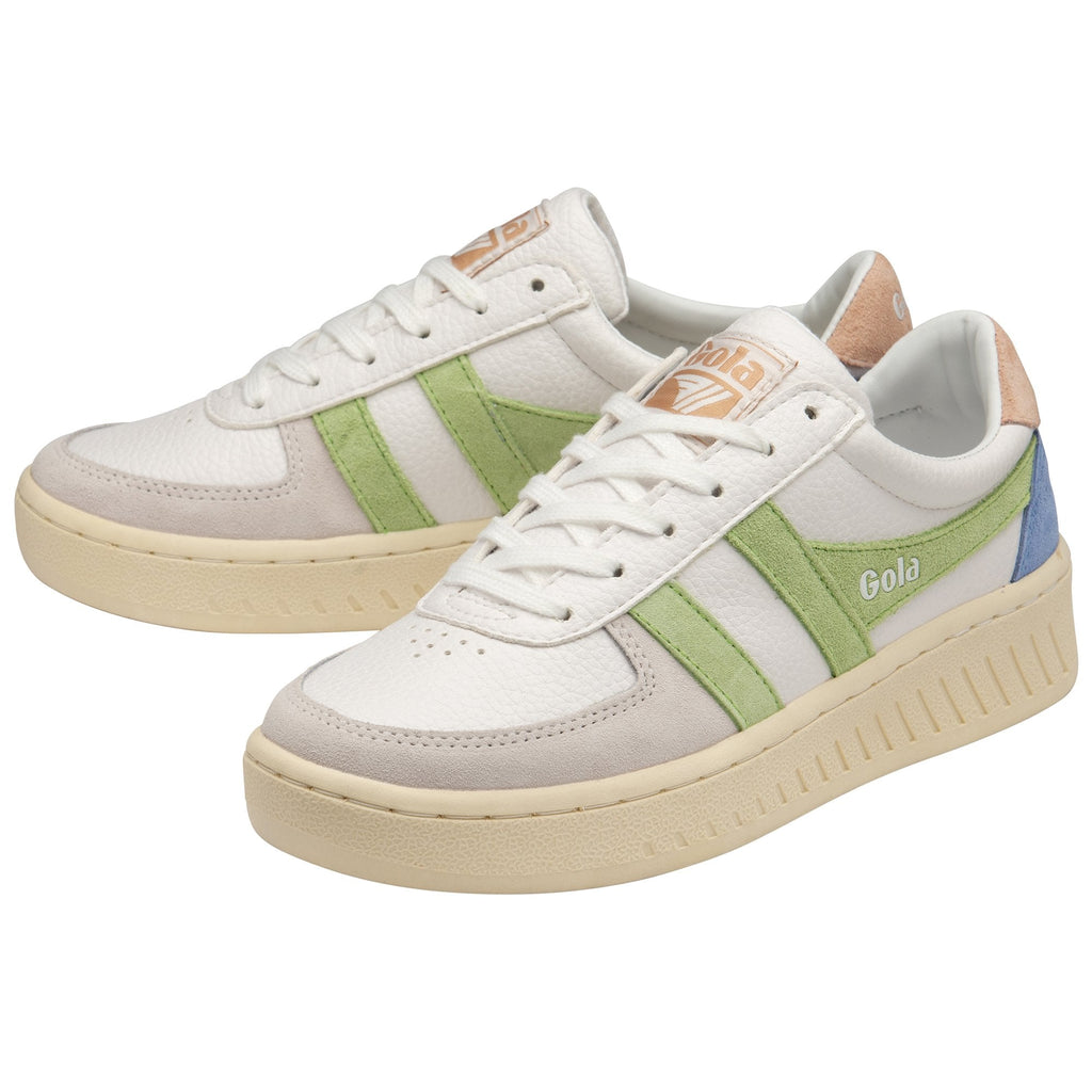 Pair of white Gola women's low-top sneakers with green, blue, and peach accents.