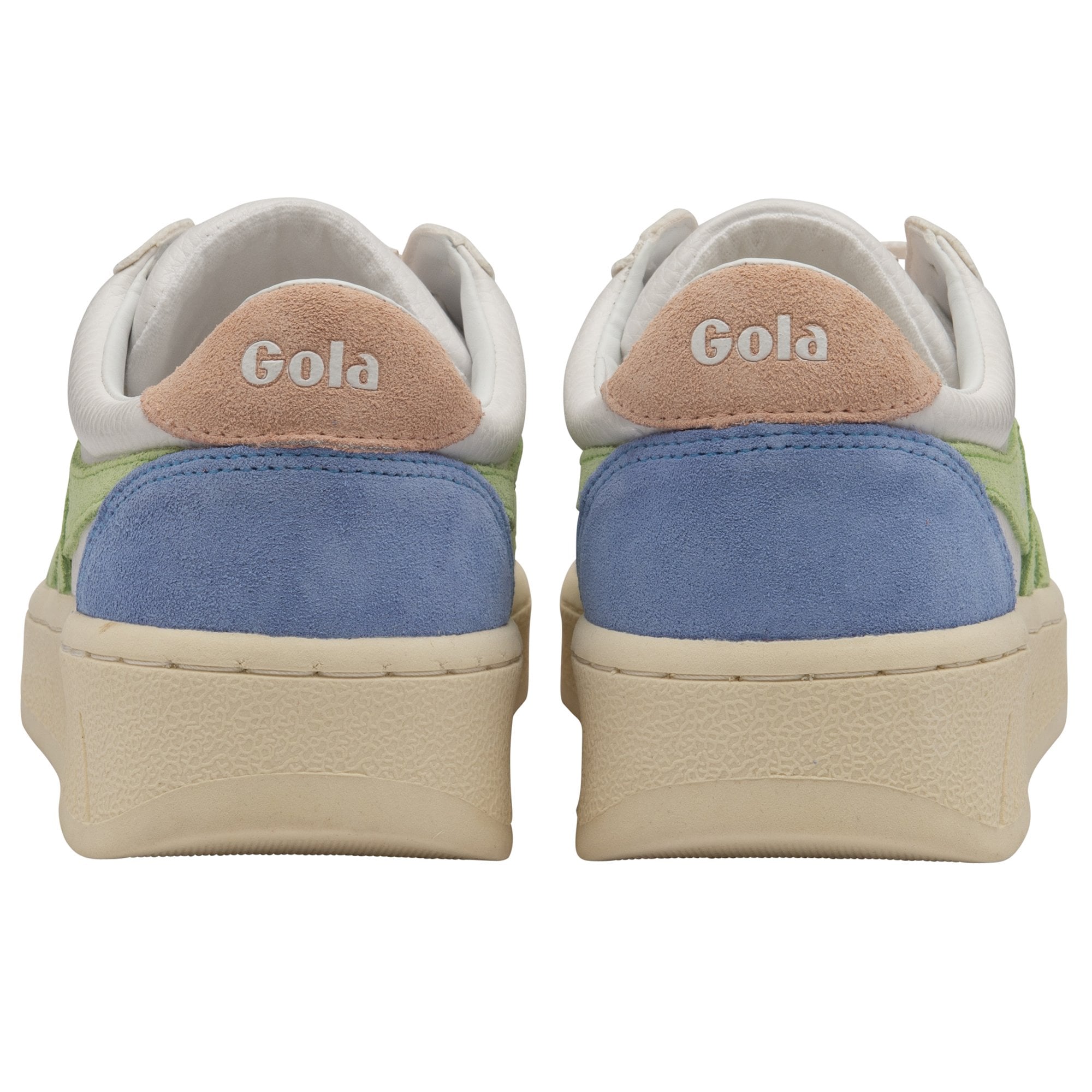 Rear view of white Gola women's low-top sneakers, highlighting blue and peach heel details.