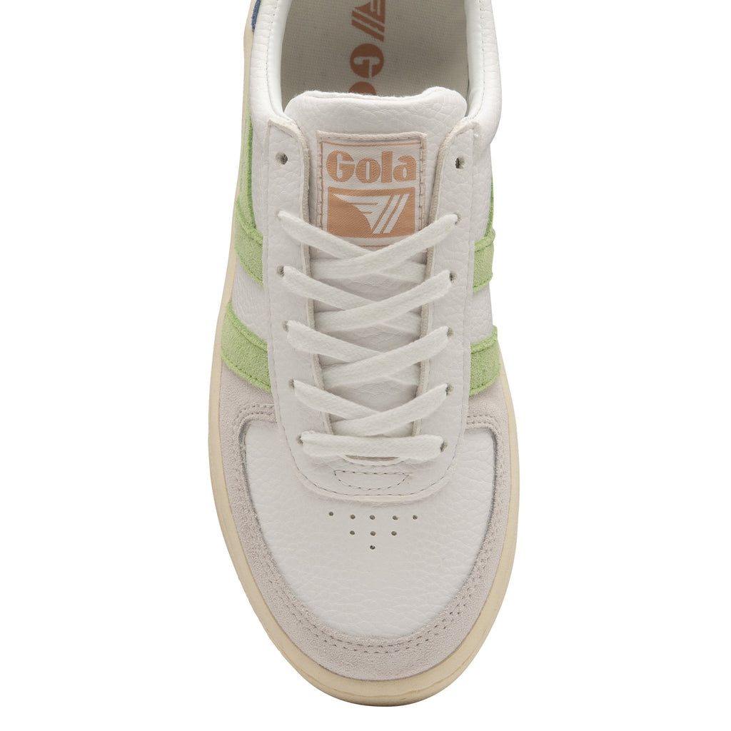 Top-down view of white Gola women's low-top sneakers, showing laces and branding.