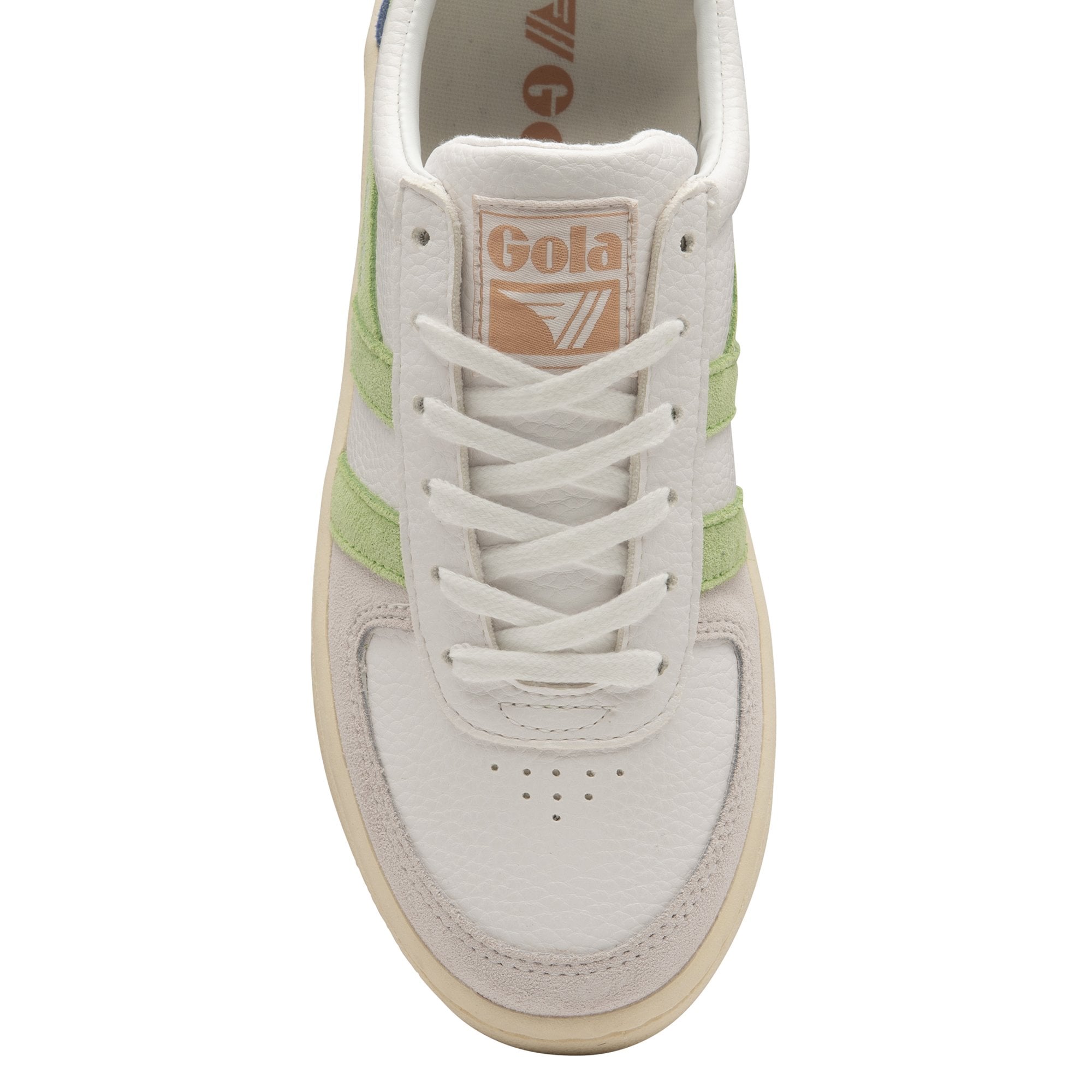 Top-down view of white Gola women's low-top sneakers, showing laces and branding.