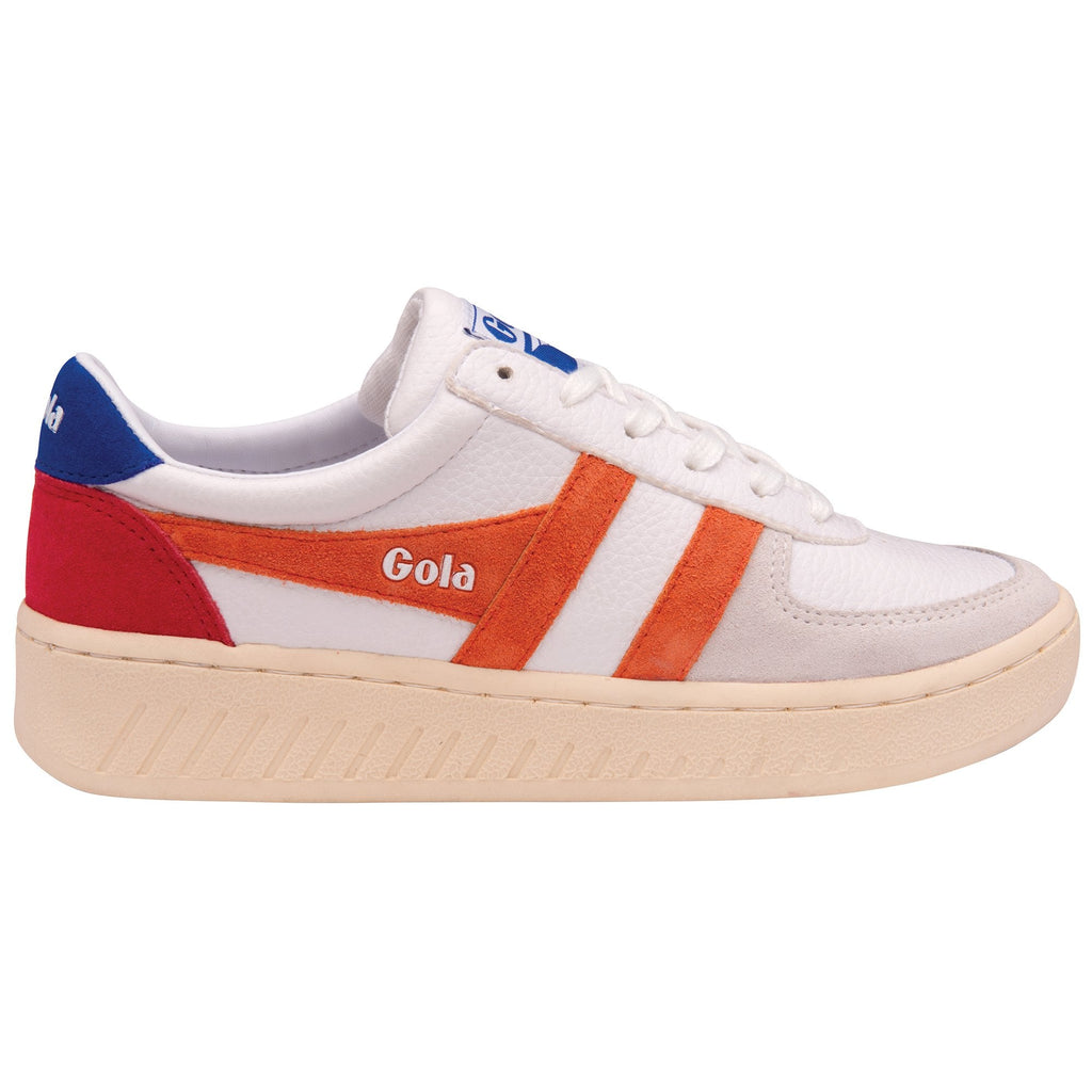 A single white Gola sneaker with orange stripes and red and blue accents on a white background.