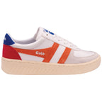 A single white Gola sneaker with orange stripes and red and blue accents on a white background.