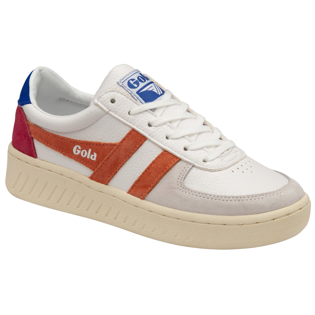 A single white Gola sneaker with orange stripes and red and blue accents, angled slightly.