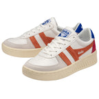 A pair of white Gola sneakers with orange stripes and red and blue accents.