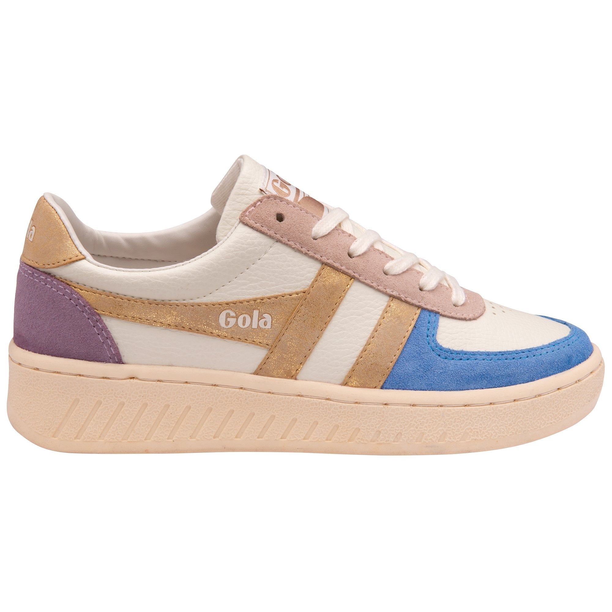 A single Gola women's trainer, viewed from the side, with lilac, gold, blue, and cream colors.