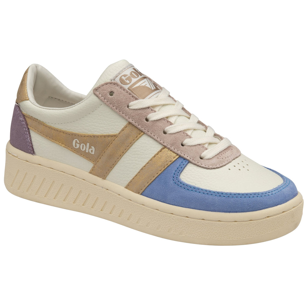 A single Gola women's trainer, viewed from an angle, with lilac, gold, blue, and cream colors.