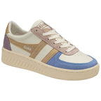 A single Gola women's trainer, viewed from an angle, with lilac, gold, blue, and cream colors.