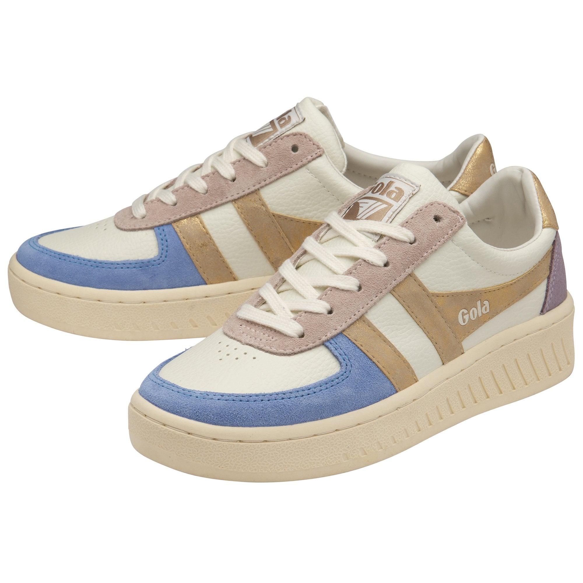 A pair of Gola women's trainers, viewed from an angle, with lilac, gold, blue, and cream.