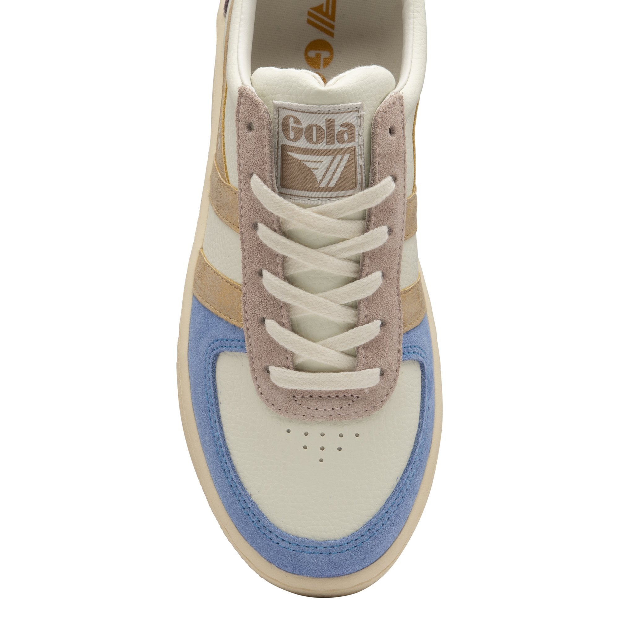 The front of a Gola women's trainer, showing cream, blue, pink, and gold details.