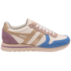 Side profile of a Gola women's trainer in cream, gold, purple, and blue.
