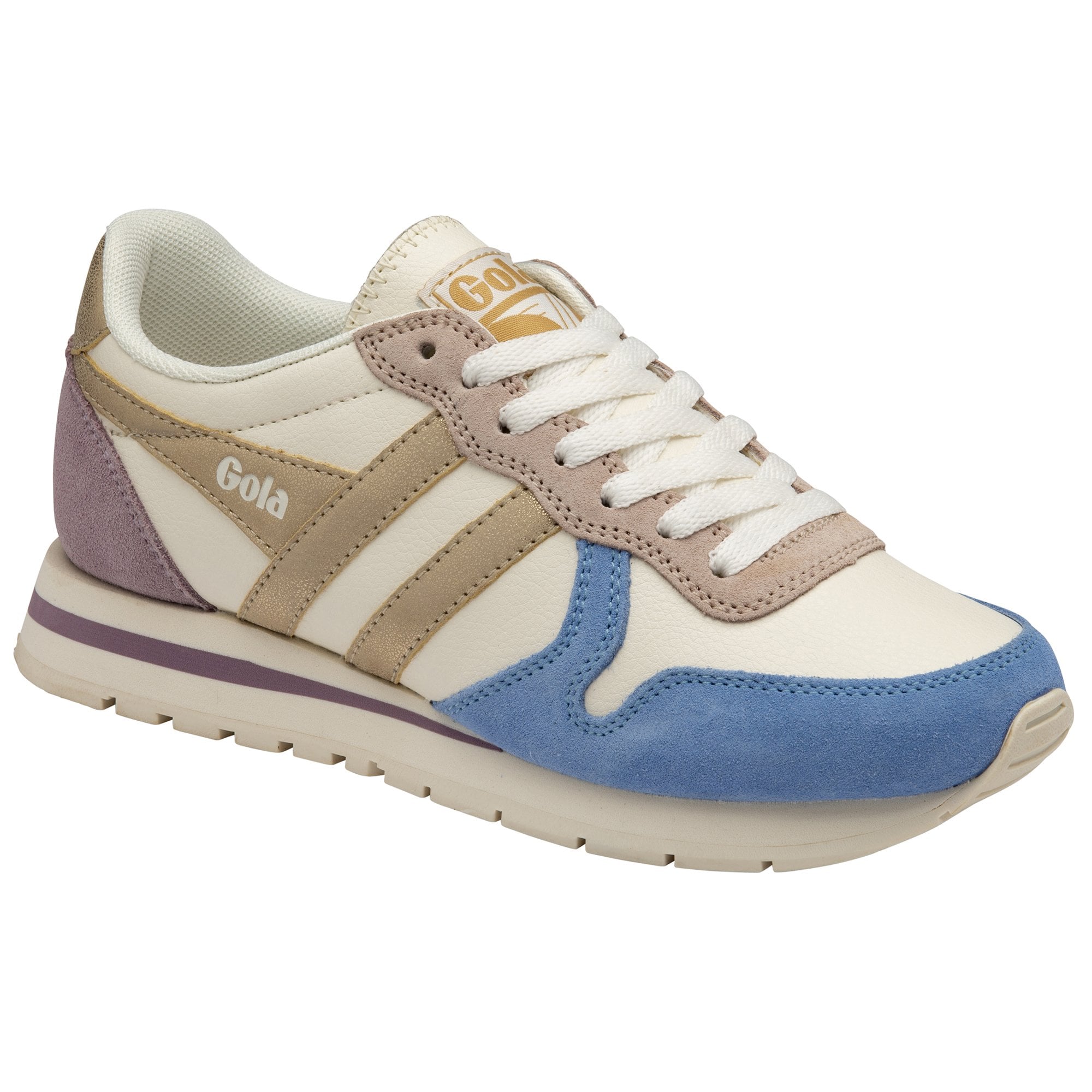 Side view of a Gola women's trainer in cream, gold, purple, and blue.
