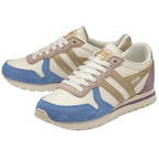 Pair of Gola women's trainers in cream, gold, purple, and blue.