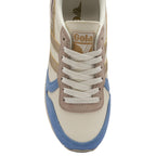 Top-down view of a Gola women's trainer in cream, gold, purple, and blue.