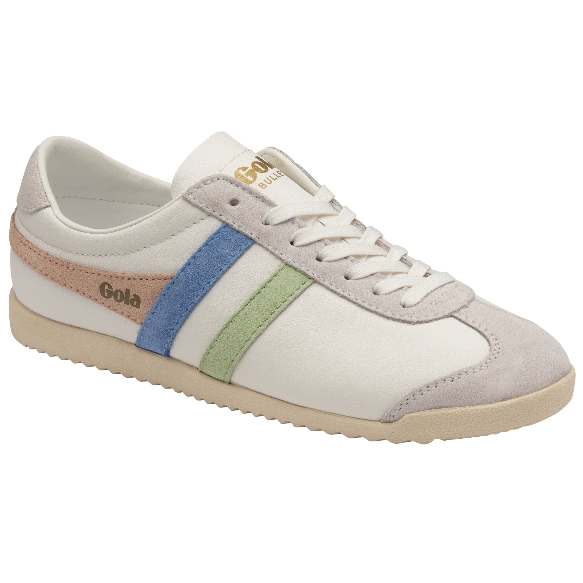 Angled side view of a white Gola sneaker with blue, green, and peach stripes.
