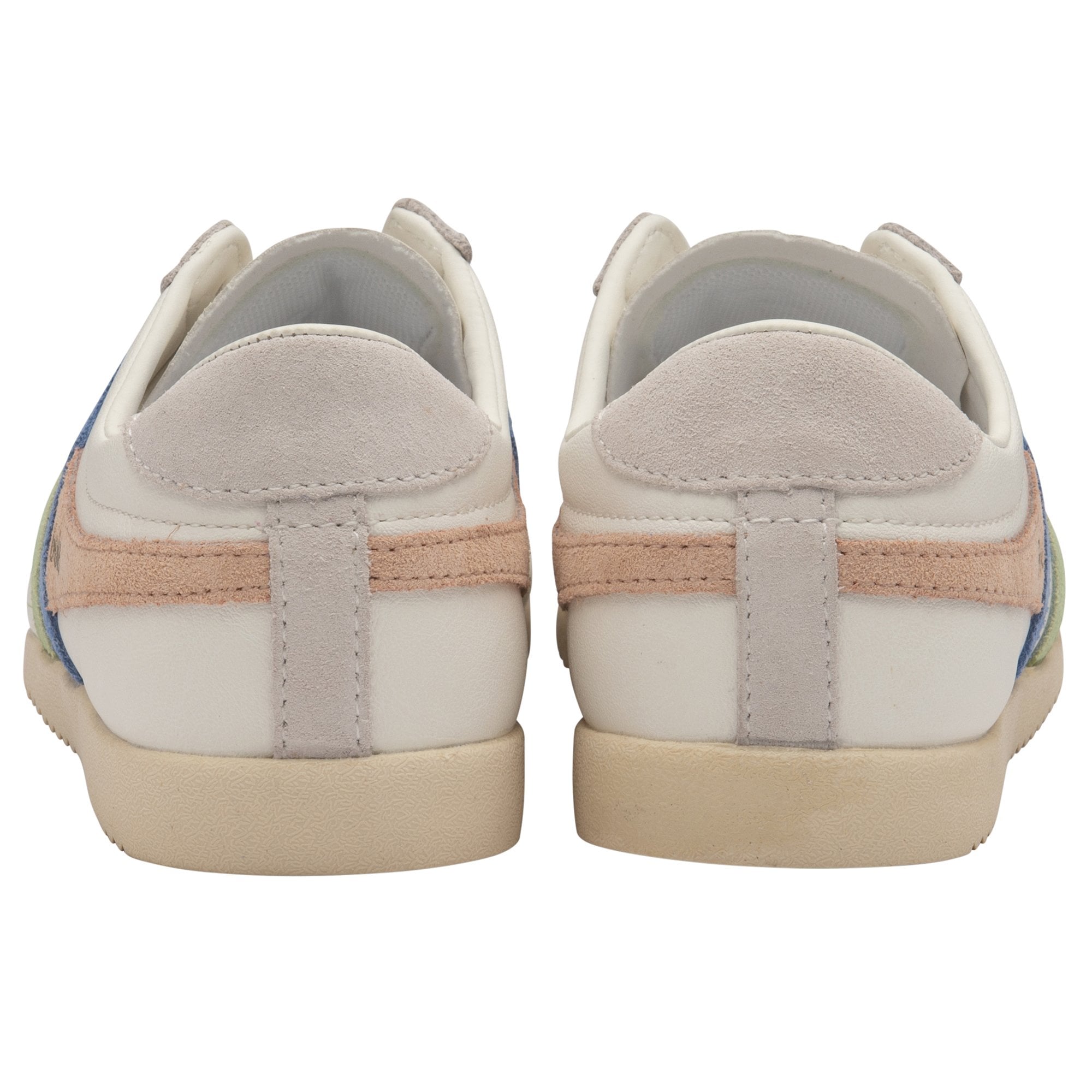 Rear view of two white Gola sneakers with peach stripes on the heels.