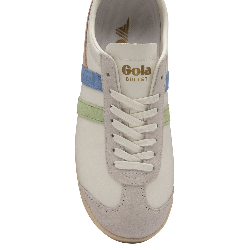 Top-down view of a white Gola sneaker with blue, green, and peach stripes.