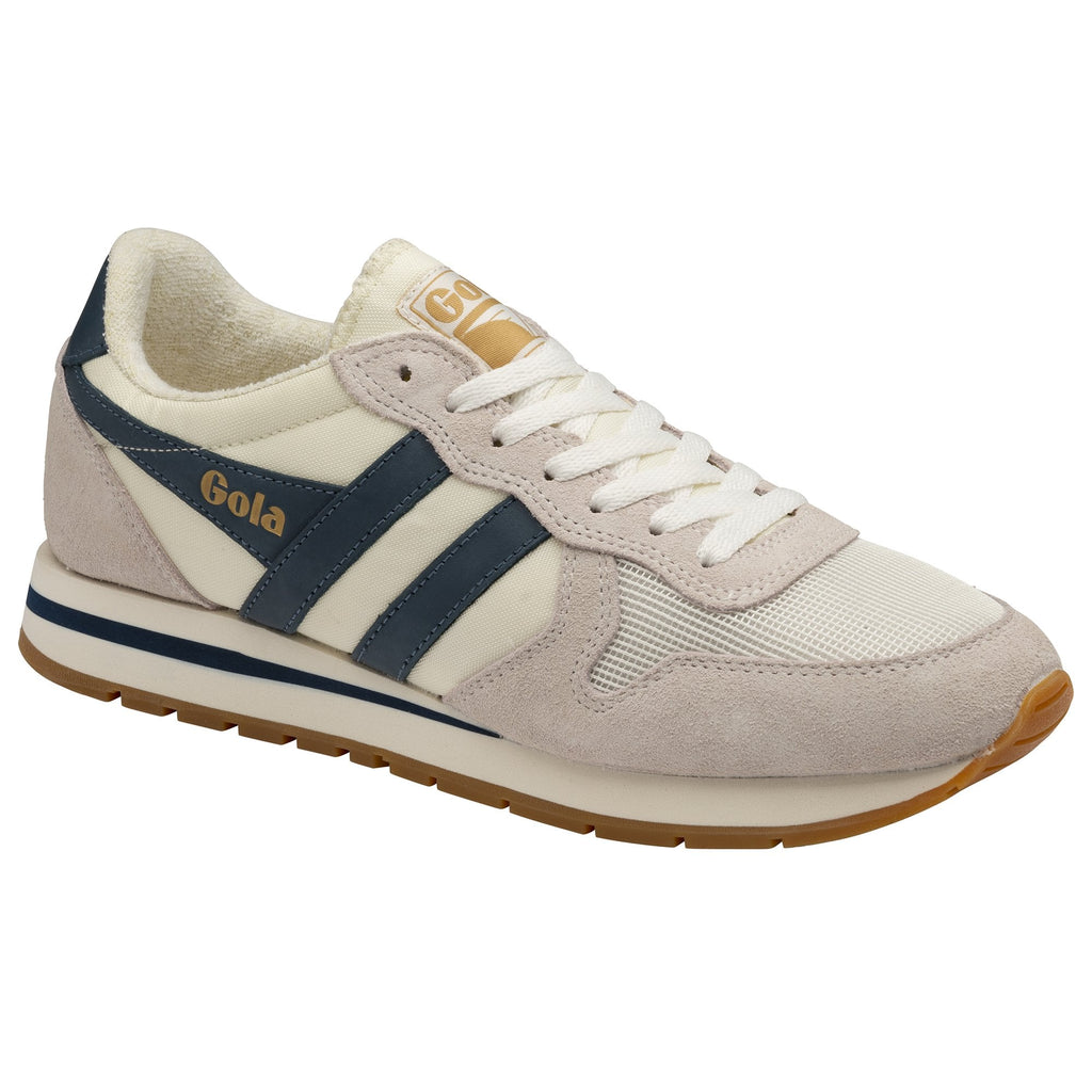 A Gola Daytona trainer in off-white with navy stripes, angled to the right.