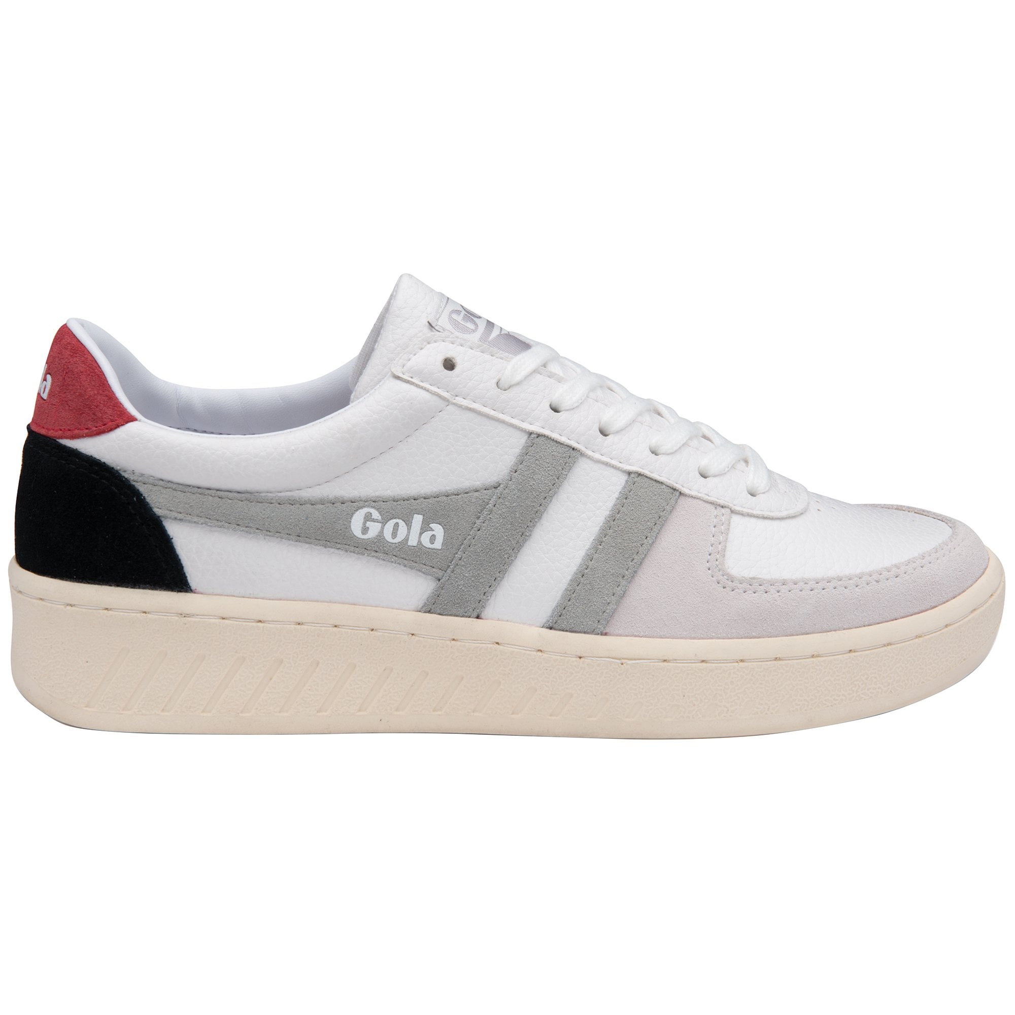 A white Gola sneaker with grey stripes and a red and black heel tab, side view.