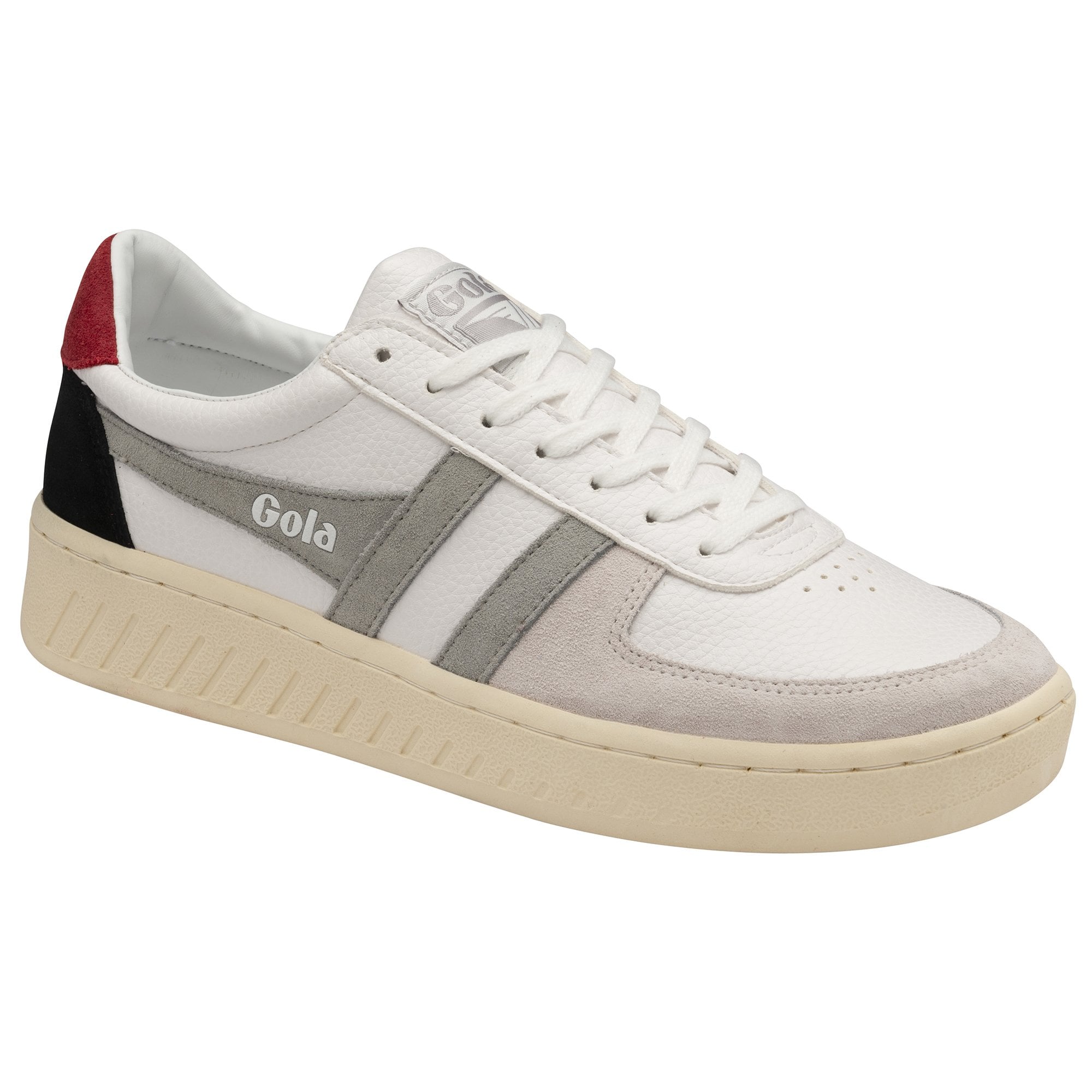 A white Gola sneaker with grey stripes and a red and black heel tab, angled view.