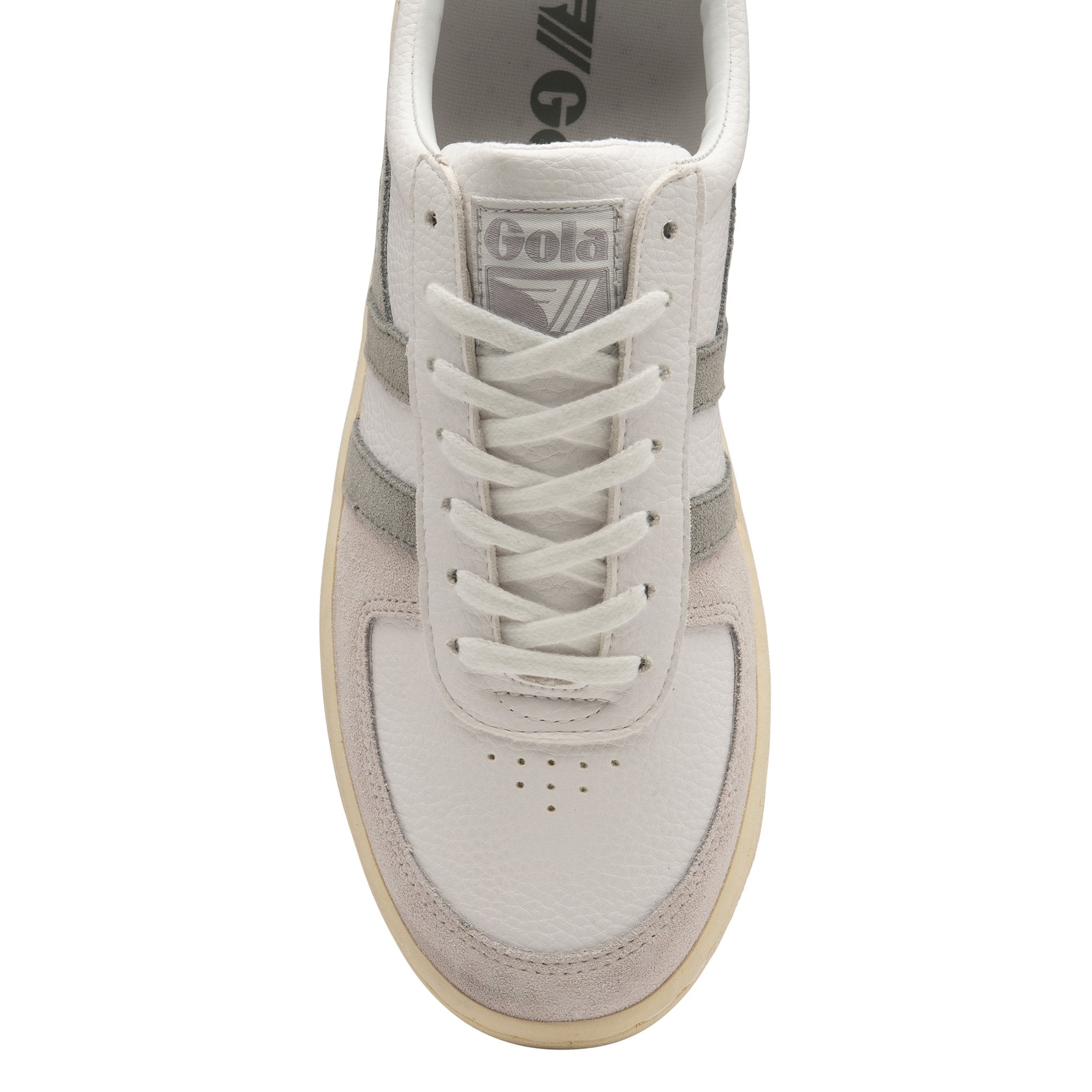Top-down view of a white Gola sneaker with grey stripes and white laces.
