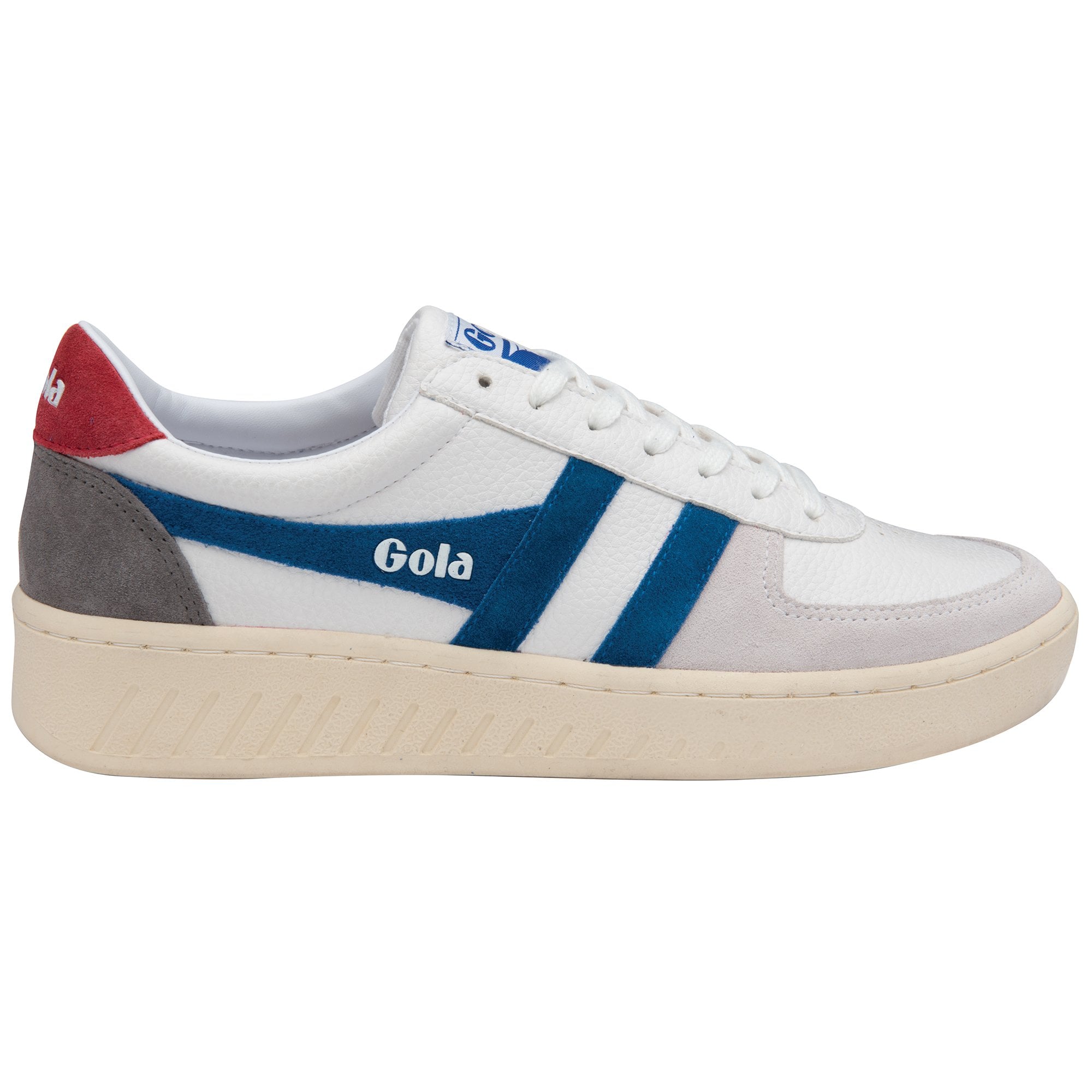 Side profile of the Gola Elan sneakers in white with blue stripes and red heel.