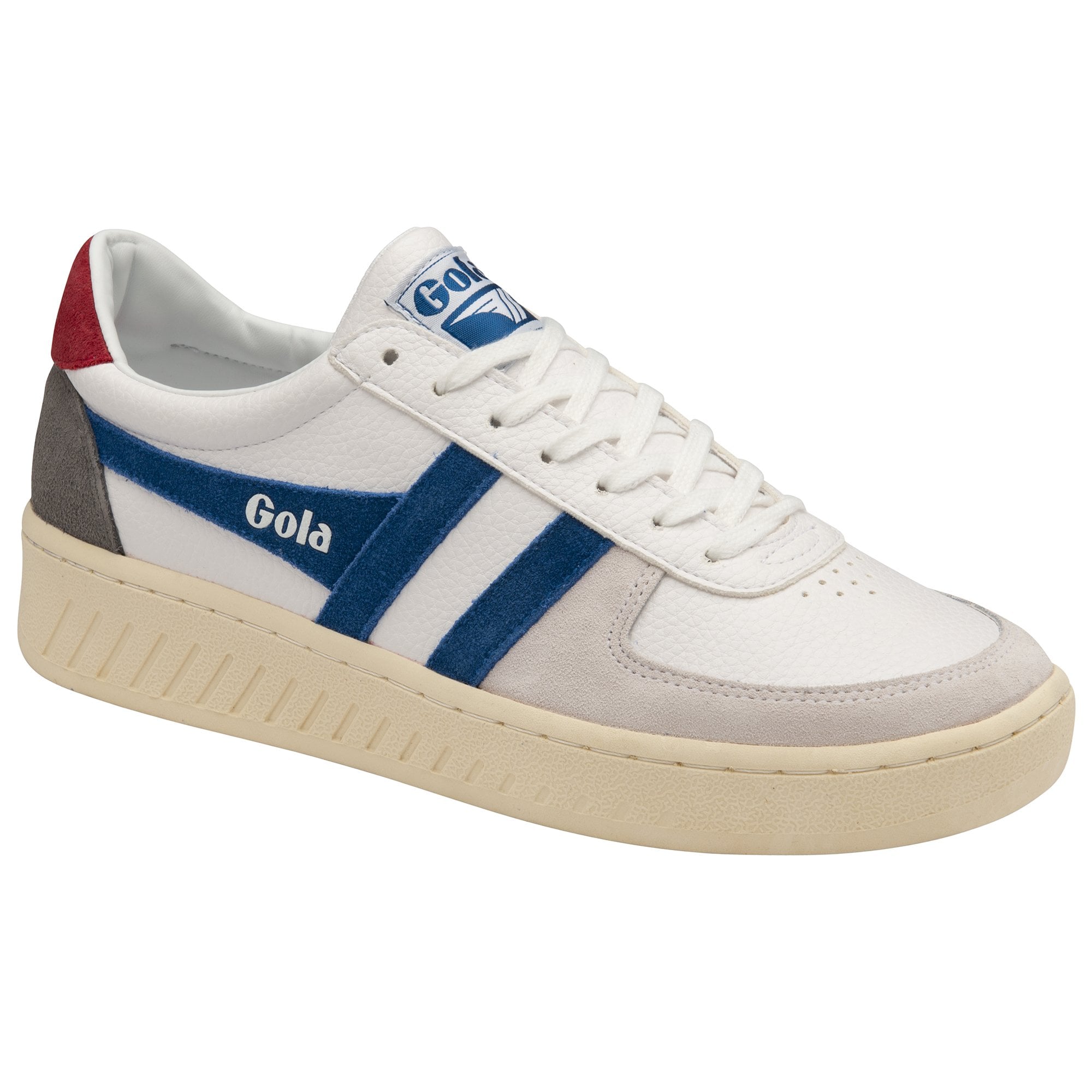 Side profile of the Gola Elan sneakers in white with blue stripes and red heel.