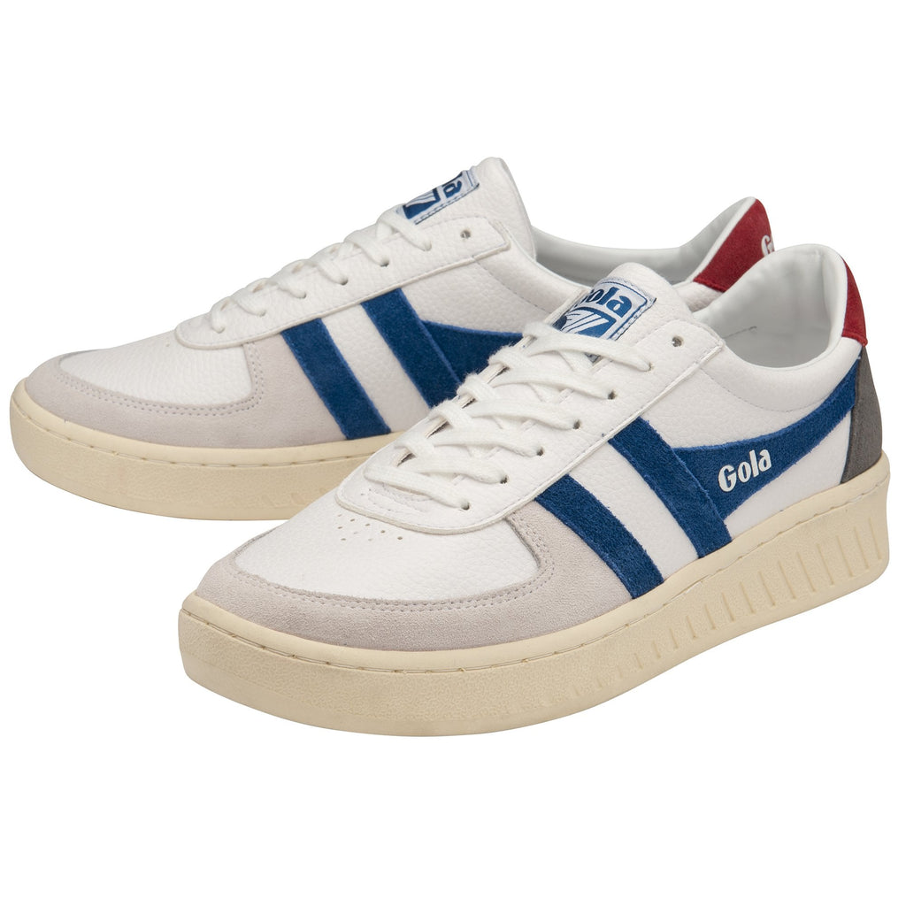 Pair of Gola Elan sneakers in white with blue stripes and red heel.