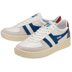 Pair of Gola Elan sneakers in white with blue stripes and red heel.