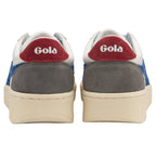 Back view of a pair of Gola Elan sneakers showing the red heel tab with white Gola logo.