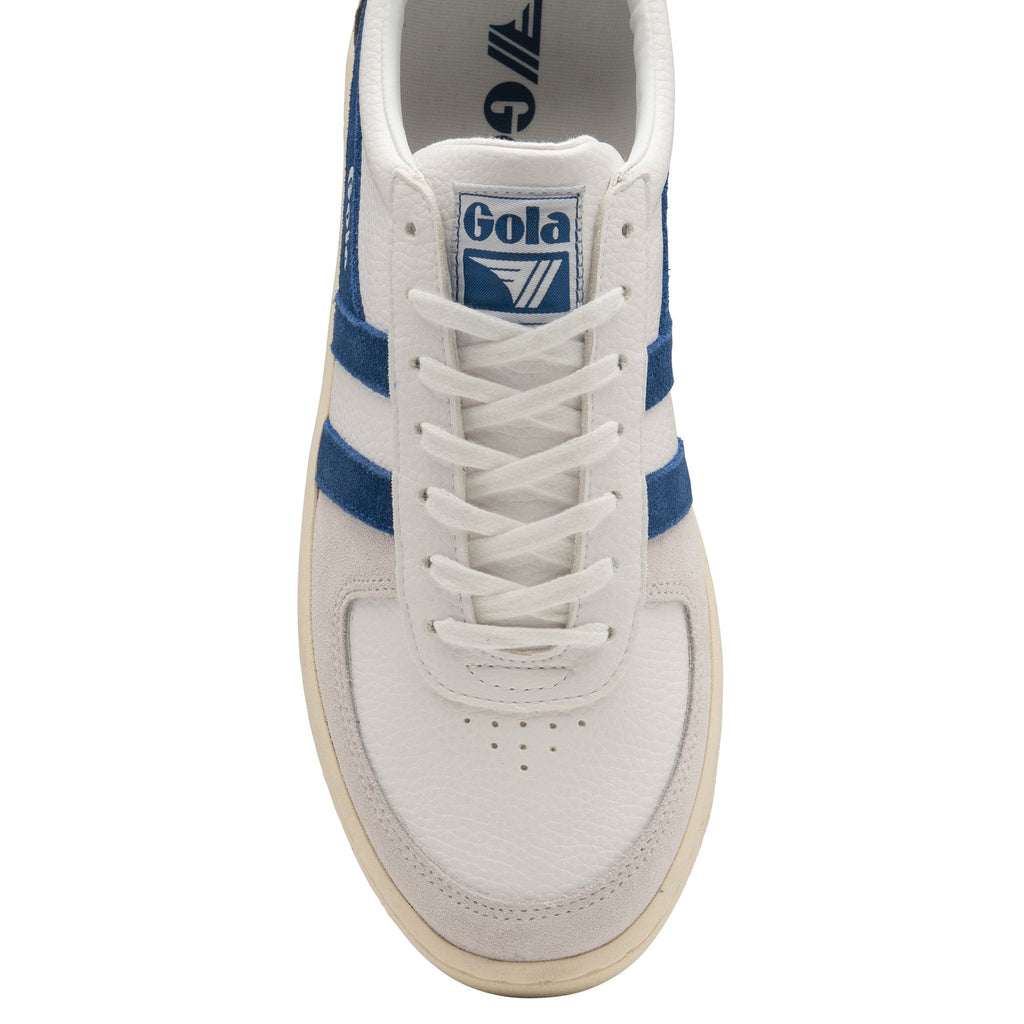 Top-down view of the Gola Elan sneaker in white with blue stripes and white laces.