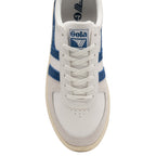 Top-down view of the Gola Elan sneaker in white with blue stripes and white laces.