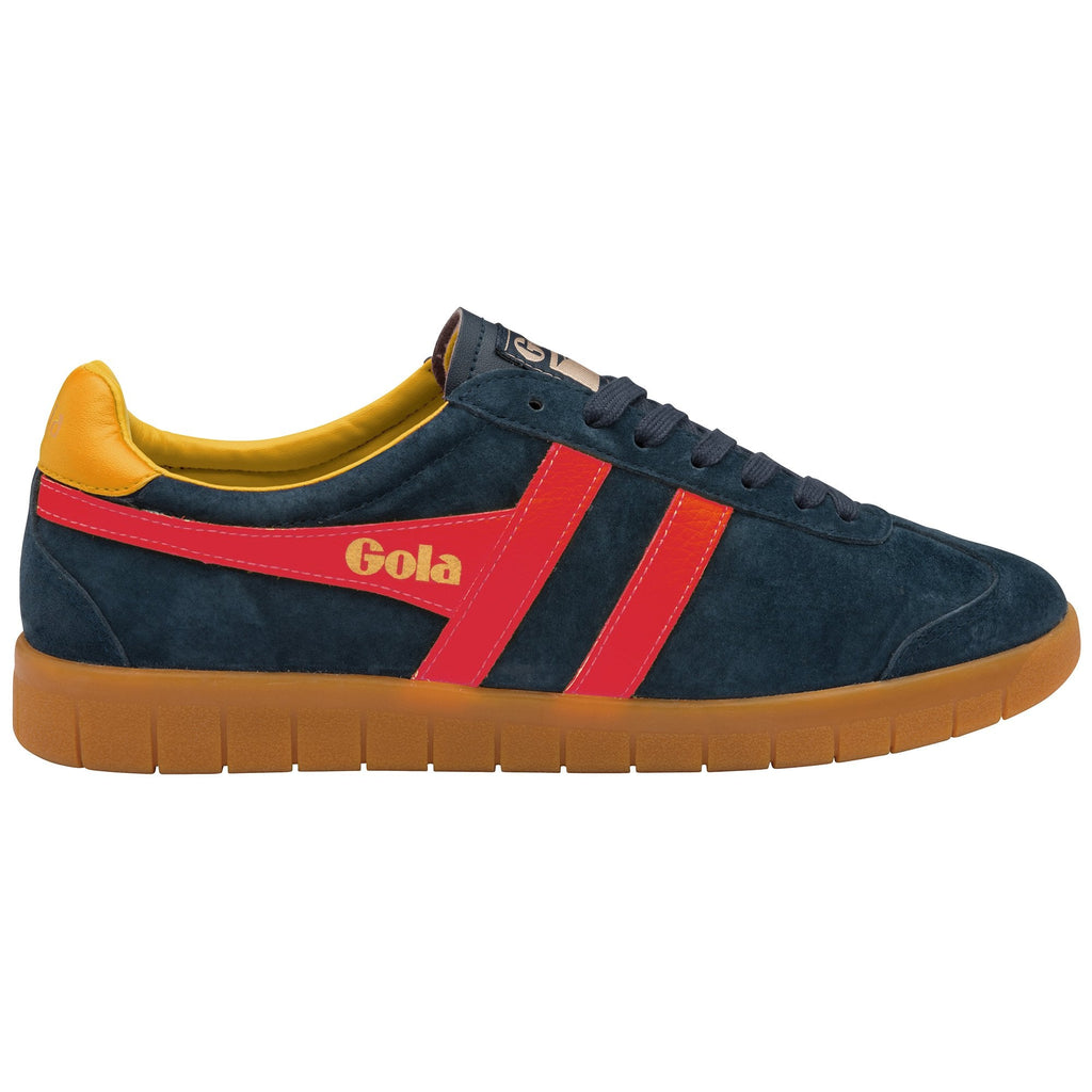 A single blue Gola trainer with red stripes and a yellow heel, viewed from the side.