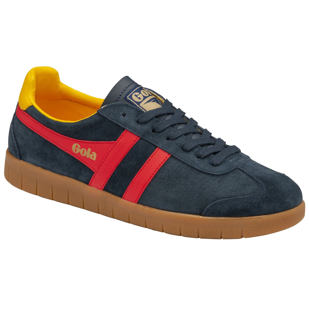 A single blue Gola trainer with red stripes and a yellow heel, viewed from an angle.