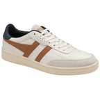 Front-side view of an off-white and brown Gola sneaker with navy trim.