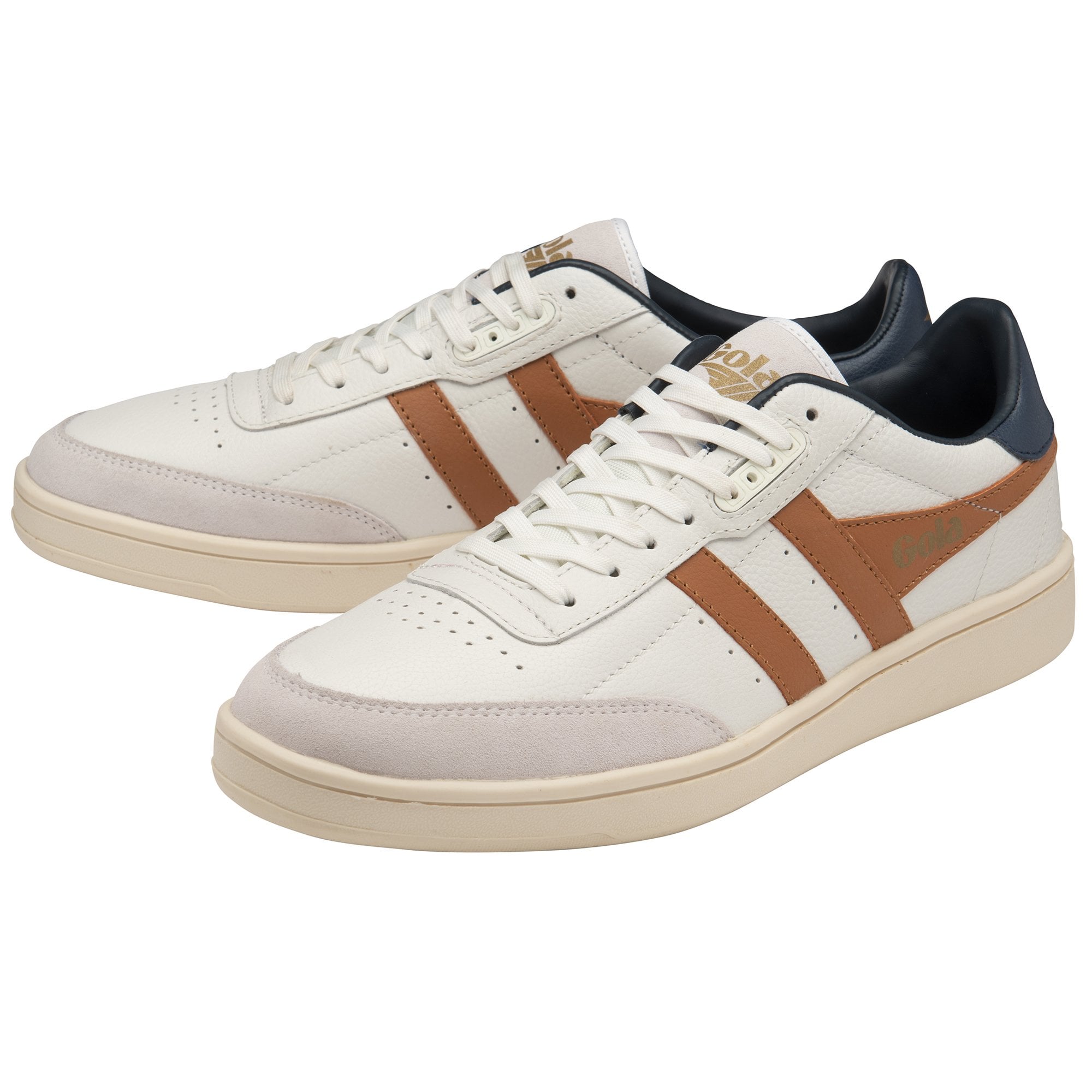 Pair of off-white and brown Gola sneakers with navy accents, angled side by side.